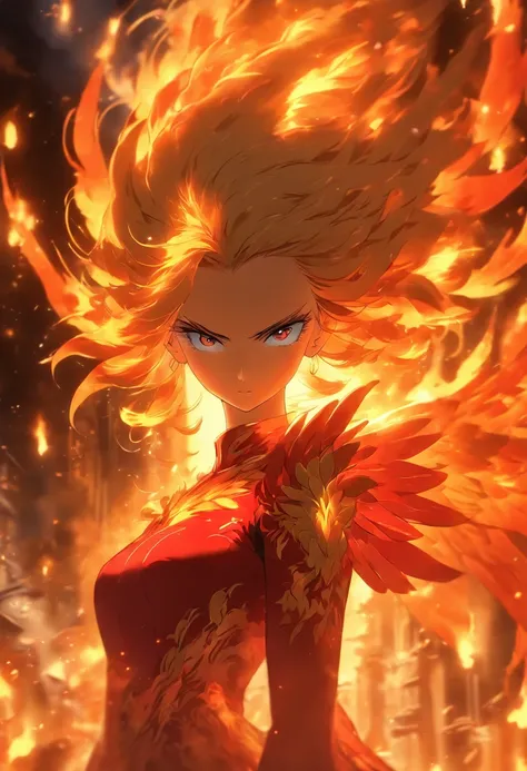 a beautiful woman in a red dress standing in front of a large bird, with fiery golden wings of flame, ornate with fiery explosions, artwork of a phoenix, wallpaper of a phoenix, wallpaper of a phoenix resting, with fiery golden wings, anime fantasy illustr...