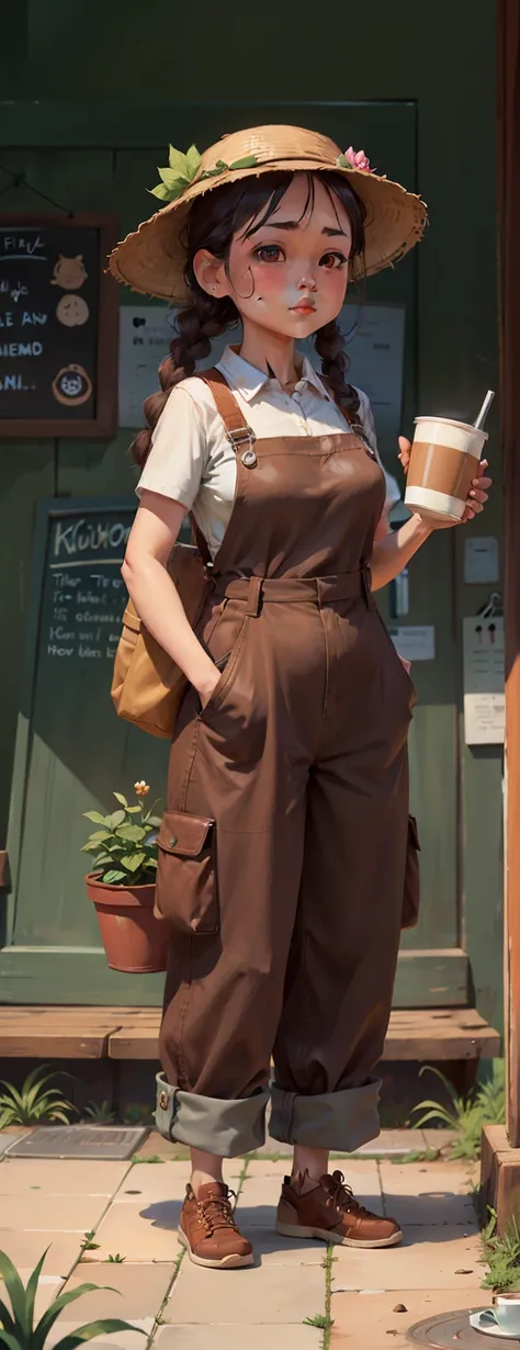 Beautiful girl with two braids standing on the sidewalk with a conical hat and a cup of Vietnamese takeaway coffee in her hand, overalls, leather apron, milk and mocha style, brown clothes, cute big bag, two front pockets, wearing bib, starbucks apron and ...