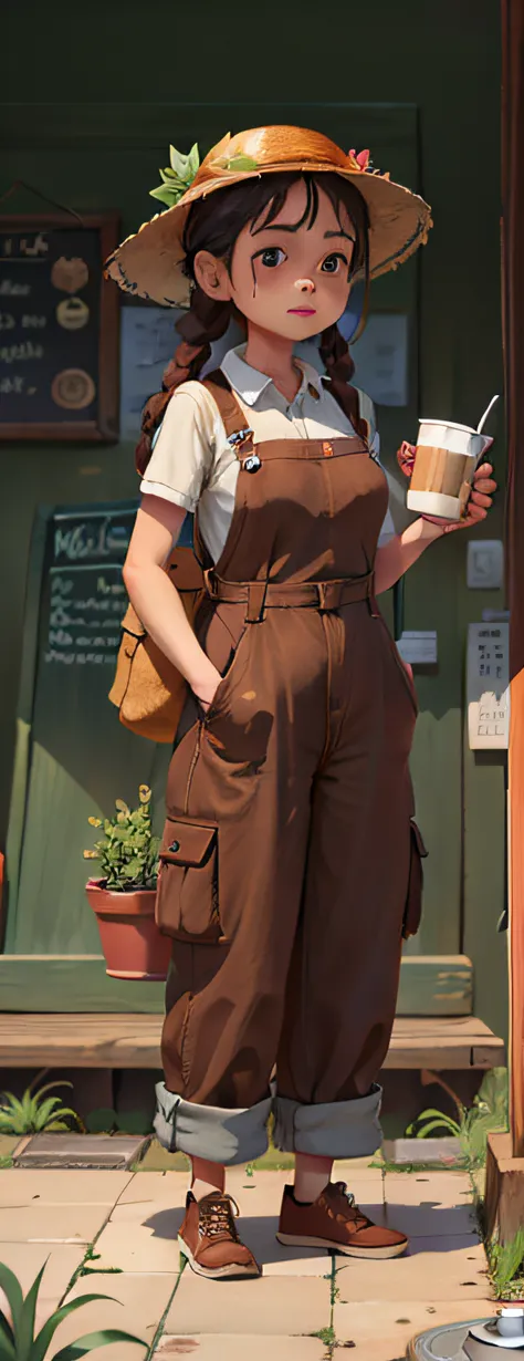 Beautiful girl with two braids standing on the sidewalk with a conical hat and a cup of Vietnamese takeaway coffee in her hand, overalls, leather apron, milk and mocha style, brown clothes, cute big bag, two front pockets, wearing bib, starbucks apron and ...