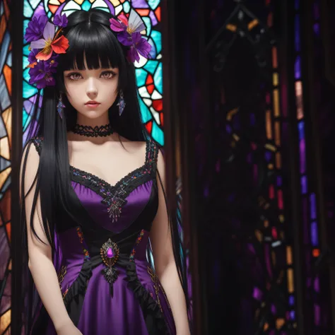 1girl, solo, black hair, long hair, looking at viewer, purple eyes, hair ornament, multicolored hair, colored inner hair, stained glass, bangs, upper body, gem, skeleton, black dress, two-tone hair, dress, indoors, red hair, lips, hand up, parted lips, spi...