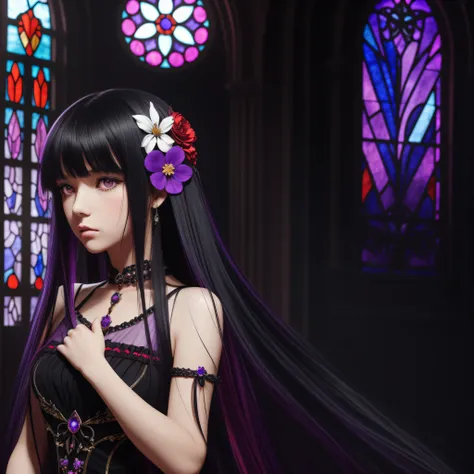 1girl, solo, black hair, long hair, looking at viewer, purple eyes, hair ornament, multicolored hair, colored inner hair, stained glass, bangs, upper body, gem, skeleton, black dress, two-tone hair, dress, indoors, red hair, lips, hand up, parted lips, spi...