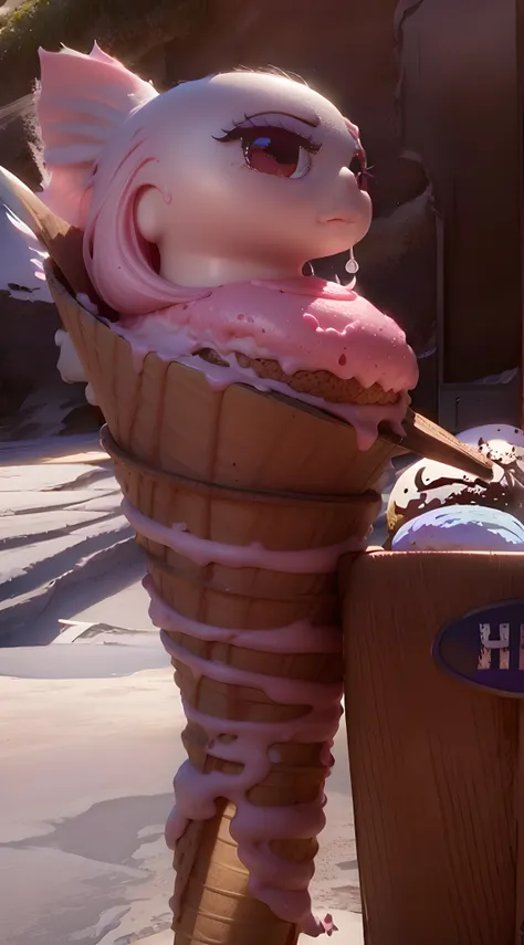 sexy strawberry female ice cream cone, pink head, huge eyes, long eyelashes