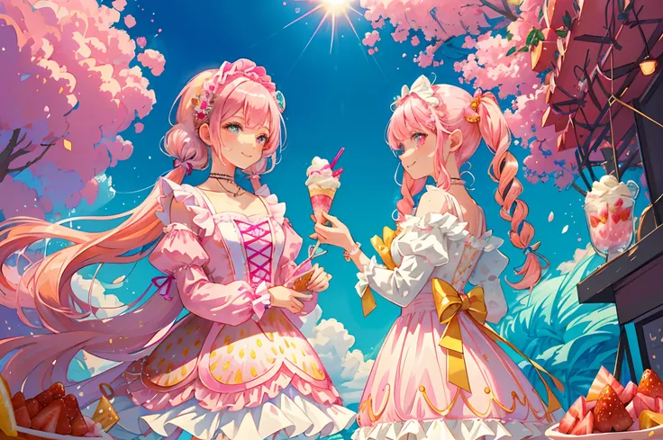 beautiful detailed fashion magazine style, pink hair girl wearing pastel decora fashion, intricate illustration, ice cream, sweets, shimmer, iridescent, light particles, cake, strawberries, fruits, dynamic angle, pink theme, pink hair, twintail, glossy, sh...