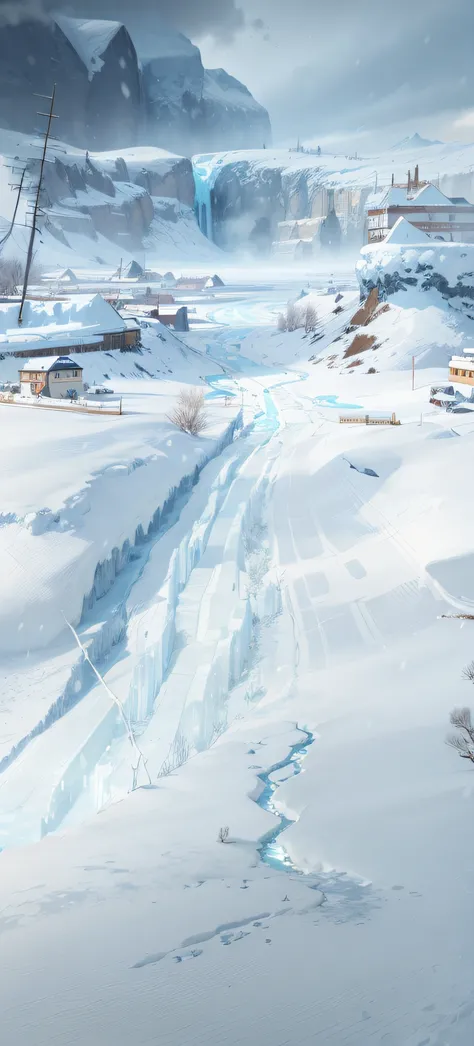 snowy landscape，Frozen lake and a couple of cars, icey tundra background, Arte conceitual de inverno, snow wasteland, Snowy. By Makoto Shinkai, ❄️ Corrupt concept art, ice city in 2 0 8 0, concept art highly detailed, concept art artwork masterpiece, stunn...