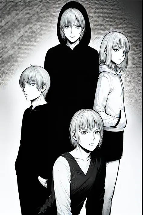 Four male students stood in a row,In the center is the protagonist,The protagonist（short detailed hair，Hoodie）,The other three had no facial features,black and white manga style,Four people，Four