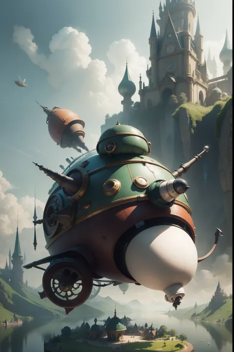 Fantasy world of Jheronimus Bosch with flying friendly huge mechanical snails. Flying over the lake. All the characters are wonderful and funny Cartoon Disney Pixar. Super realistic. Cinematic. Motion blurred background. Light haze.