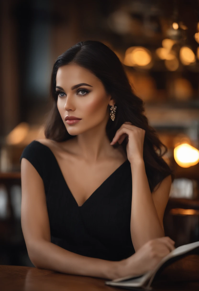 (sharp focus: 1.2), photo (full body) (American flat), attractive 25-year-old, reading menu, sitting in Parisian coffee shop, (beautiful face: 1.1), detailed light brown eyes, delicious lips, (eye makeup: 0.85), (medium breasts: 1.0), (firm body: 1.2), (so...