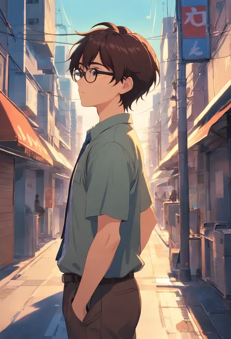 Dark environment 0.5，On the streets of the city，Male protagonist，malefocus，Bright and brown，Big head and small body，Manhwa Style，quadratic element，Environment rendering，Set off the protagonist，Boy side face，Looking not far away, deep in thought, shirt , tr...