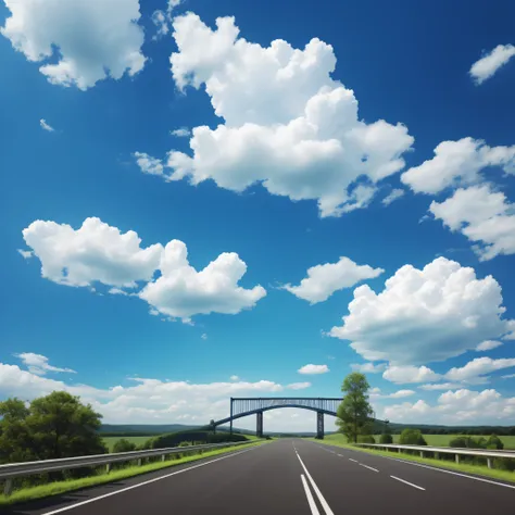 scenery, sky, tree, outdoors, cloud, day, blue sky, no humans, building, road, bridge, fantasy