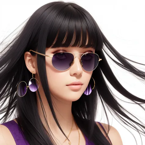 1girl, solo, black hair, sunglasses, looking at viewer, glint, earrings, bangs, jewelry, closed mouth, floating hair, long hair, lips, eyelashes, portrait, white background, purple eyes