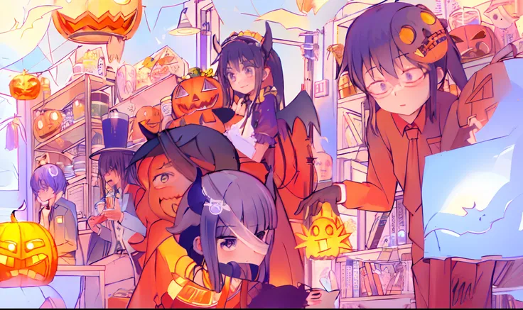 A drawing of 6 characters，5 people on the left，1 person on the right，The scene is a summer festival Halloween gathering，The two Q version characters are hugging and playing as the main characters，Jack-o-lanterns around，book.