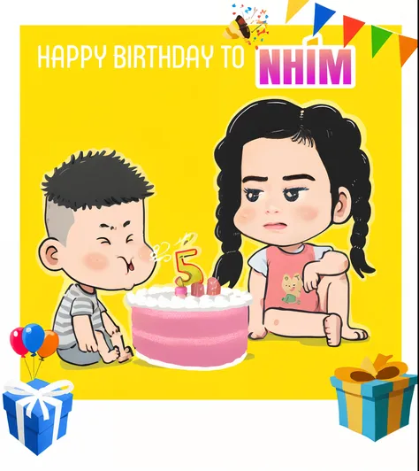 cartoon of a boy and girl blowing out candles on a birthday cake, - n 5, -n 5, in cartoon style, kid, cartoon style illustration, happy, caricature illustration, happy birthday, cartoon illustration, birthday card, cute:2, cartoon image, hand painted carto...