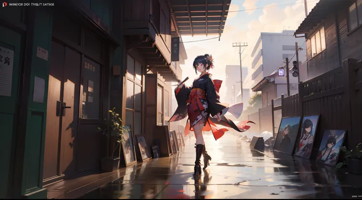 ​masterpiece、８ｋ、超A high resolution、detail portrayal、Smooth depiction、Accurate rendering、Triangular Composition、19-year-old beautiful girl in anime style、Wearing a cyberpunk-style kimono、Metallic boots、((The city of Edo、Complex wooden building、A smile))、hig...