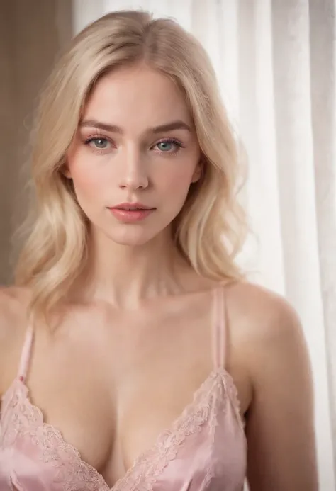 a woman with blonde hair and full lips with soft features,Pretty in a pink Negligee