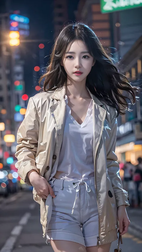 18year old、Beautiful expression、A dark-haired。 Generate images of brightly lit cityscapes on a beautiful night. The scene is、Facing the boulevard in an urban environment、It is necessary to draw a bright date course in the light of the building. City lights...