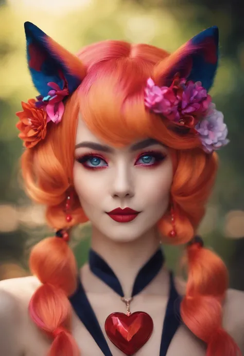 multicolored hair, kanzashi, heart-shaped pupils, fox ears, evil smile, Surrealism, first-person view, f/1.2