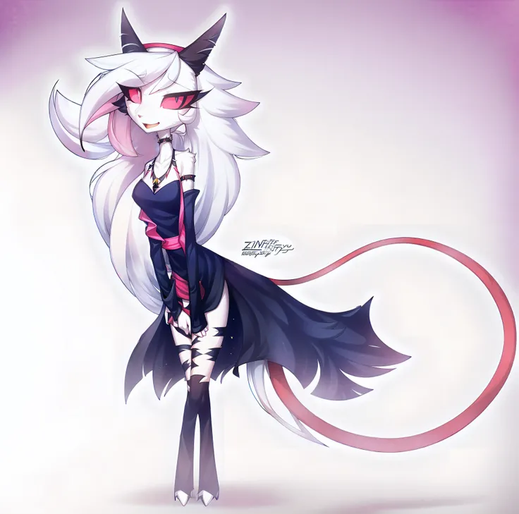 by Zinfyu, (helluva boss), Cat demon, Black and white body, Pink sclera, Eyes pink, Furry tail, stellar, Female, Solo, absurd res, Traders,  formal outfit, formal outfit，Just one person，Tall and tall，ellegance，Hand symmetry，Hands are covered by sleeves，No ...