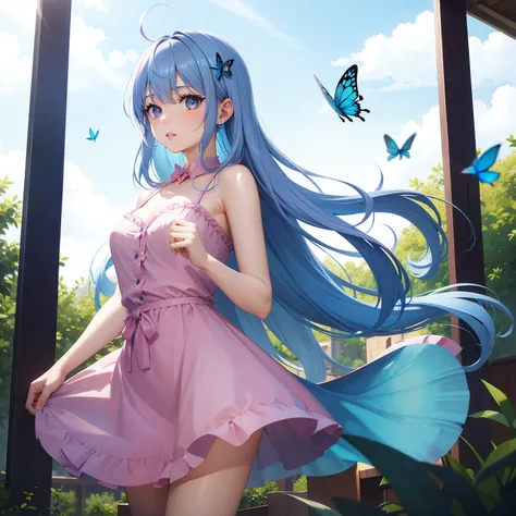 a women, blue butterfly, blue hair, pink eyes, pink dress