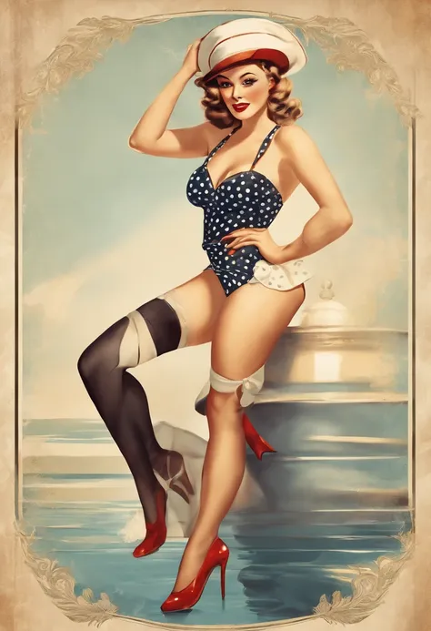 Retro vintage art print, poster of a sexy, glamorous pin-up girl wearing a sailors hat, bikini and polka dot stockings