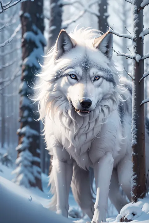 "Winter wolf with sharp blue eyes and white fur, Set in a snowy winter Scandinavian forest. Wolves are very detailed, Strong, and big. Watching the viewer directly, Draw a slender and fluffy appearance."