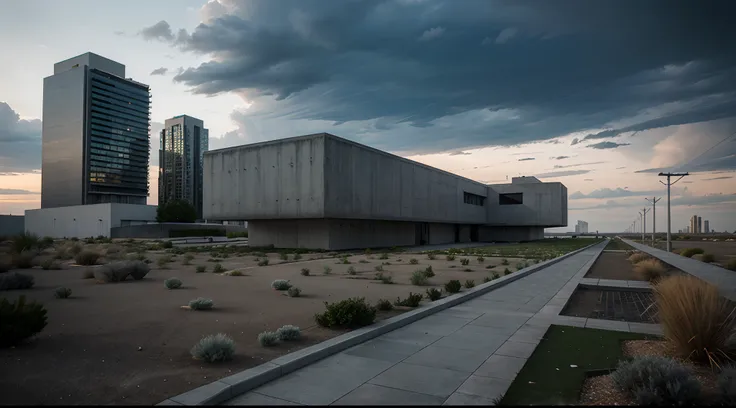 Minimal futuristic scenario, landscape, desertic, sad, dark, gray sky, nihilistic, brutalism buildings, masterpiece, ultra detailed landscaping.