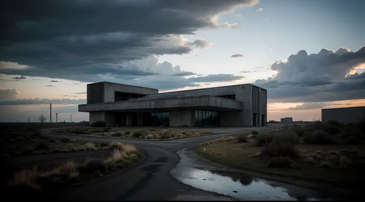 Minimal futuristic scenario, landscape, desertic, sad, dark, gray sky, cloudy sky, sky full of clouds, depressive, nihilistic, cold atmosphere, brutalism buildings, masterpiece, ultra detailed landscaping.