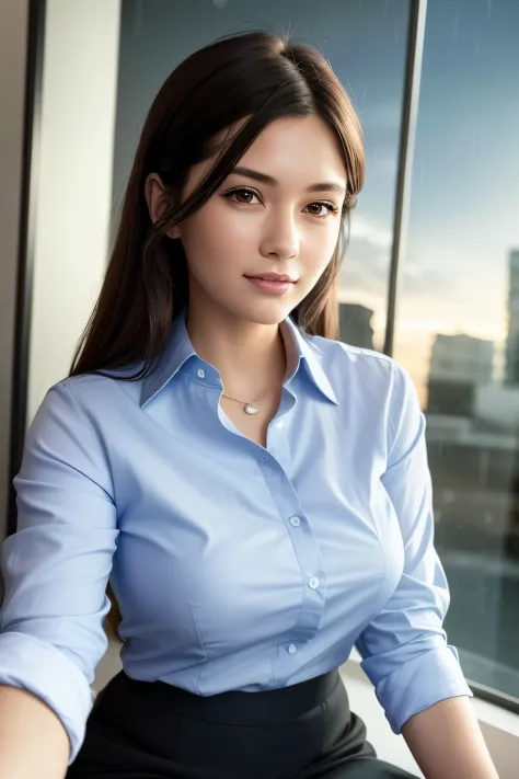 (8k, best quality, masterpiece:1.2), (realistic, photo-realistic:1.37), ultra-detailed, 1 girl,cute, solo,beautiful detailed sky,detailed office,night,sitting,(nose blush),(smile:1.15),(closed mouth) , medium breasts,beautiful detailed eyes,(collared shirt...