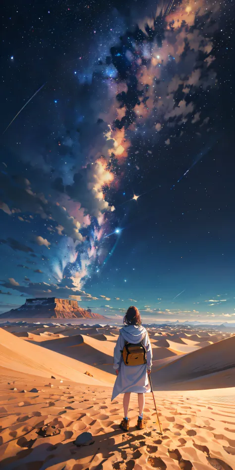 I stood alone in the vast desert，There is a mountain in front of you that divides in two，There is a galaxy overhead，As estrelas，The moonlight shines on the desert