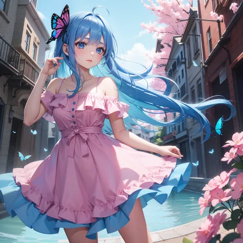 a women, blue butterfly, blue hair, pink eyes, pink dress