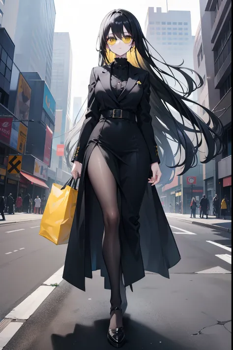 Anime girl, long black hair, beautiful yellow eyes, in a black dress-suit, formally dressed, wearing round tinted sunglasses, walking at the side of the road, high resolution, 8k