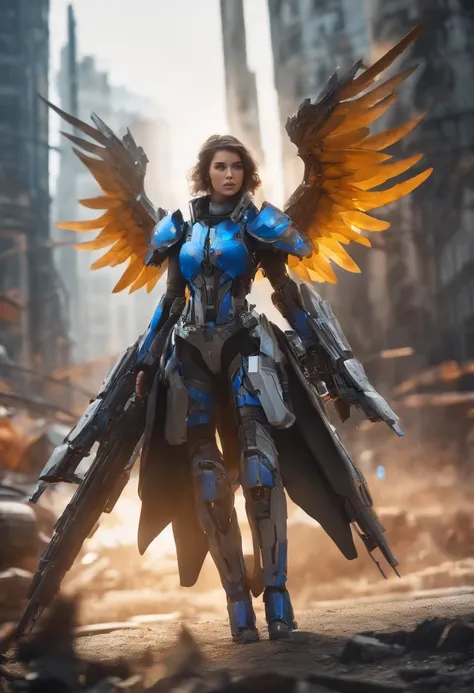 1girls, kurzes schwarzes Haar, blaue Augen, Wearing mech armor with wings, destroyed city, hight resolution, ultrascharf, 8K, Meisterwerk, Blick auf den Betrachter, alleine