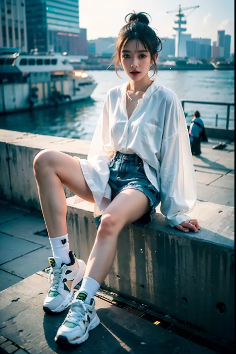 (sit on high:1.3) (a woman sitting on a ledge) , (( 25 year old)) ,(light face) in a white dress and sneakers, trending on cgsta...