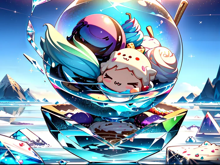 (Precise and unmatched illustrations:1.3), (kawaii, Cute, Tiny, chibi:1.3), (floating ice creams in crystal sphere:1.4), (world made of colorful ice cream). An earth made of ice cream, a mountain made of chocolate ice cream, a tree made of ice cream, (Best...