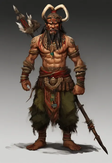 An Asian leader with a beast bone on his head and a bow and arrows, Yellow people，Good facial features，There is a totem on the face，Rough skin texture，Wear jade around the waist，Wooden cloth shoes on his feet，fantasy character concept, complex fantasy char...