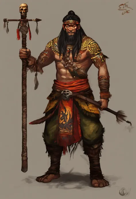 An Asian leader with a beast bone on his head and a bow and arrows, Yellow people，Good facial features，There is a totem on the face，Rough skin texture，Wear jade around the waist，Wooden cloth shoes on his feet，fantasy character concept, complex fantasy char...