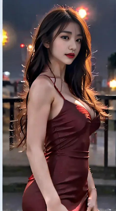 top-quality。８K-Picture。Ultra-high pixel。The background is the city at night。girl with。hair is long and slightly wavy,,,,,,,,,,,,,,,,,,,,,,,,,,,,,,,,,。The color is dark brown。Glamour style、((amazingly massive breasts：1.8))。wearing red dress、Photos dancing b...