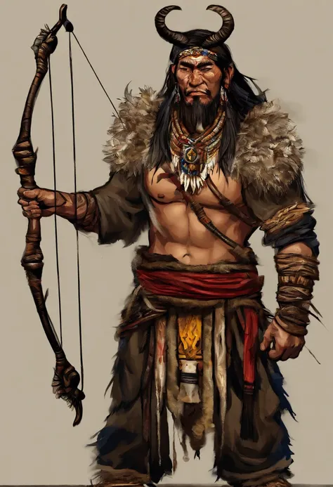 An Asian male leader with antlers and a bow and arrow, Yellow people，Young age，Good facial features，There is a totem on the face，Rough skin texture，Wear jade around the waist，Cloth shoes on their feet，fantasy character concept, complex fantasy character, h...