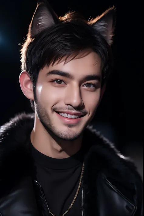 A young man with a mysterious light that shines on a dark night....,scary smile, Bearded., He was wearing a black fur jacket..., There are wolf ears on top..