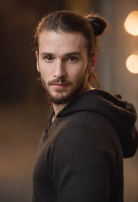 Finnish man around 30 years old, natural brown hair in a manbun, manbun, slightly receding hairline, thick beard, distinctive light brown eyes, wearing a black hoodie, 176 cm tall average build male, candlelight in a medieval setting, ultra sharp focus, re...