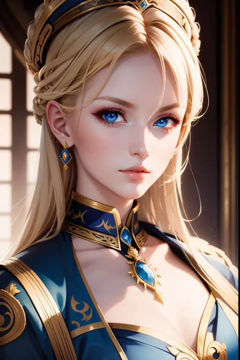 a beautiful empress portrait, Blonde hair, Perfect blue eyes,