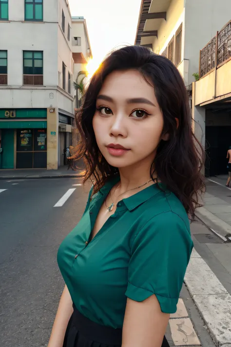 Photo beautiful woman， Emerald is realistic， absurderes， Black shirt， the street，the setting sun，Malaysian mixed