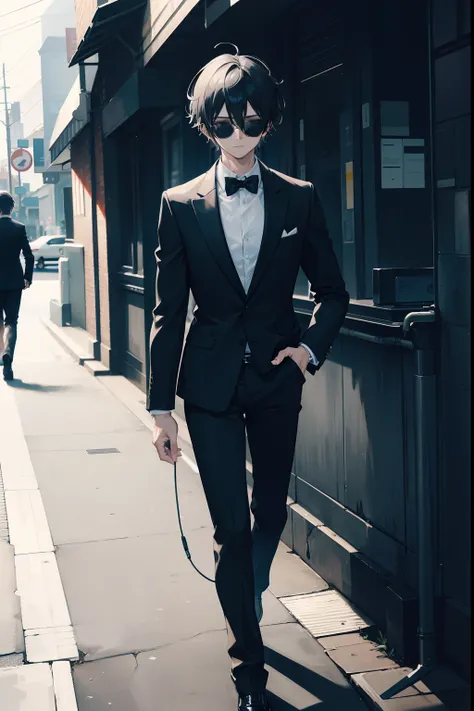 anime male, short messy black hair, in a jet-black suit, formal wear, with black sunglasses, walking down the street on a dark day, high resolution, 8k