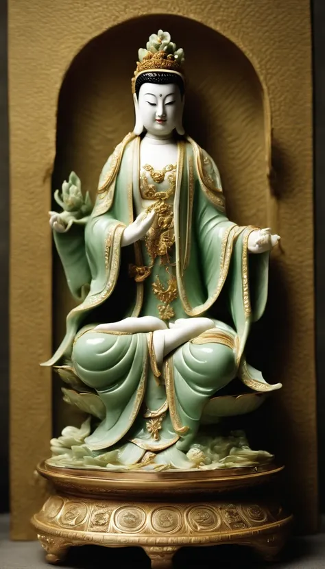 Celadon texture Guanyin Bodhisattva，Guanyin smooth and shiny porcelain skin，chinaware，Ancient Chinese embroidery style relief，Doubleexposure，Delayed exposure，Side lighting，Three-dimensional feeling，