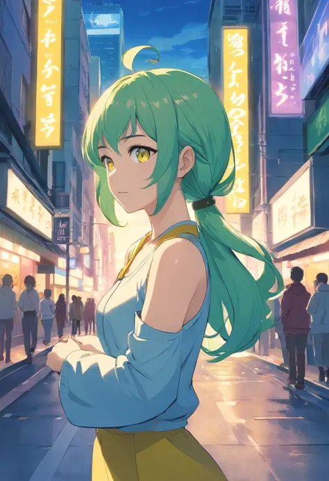 Blue light color hair，Double ponytail curls，Greenish yellow color eyes，small breast，Beth，A bustling city street