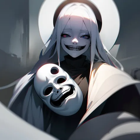 Circular white mask with no eyes and a wide sinister smile, horror, scary, creepy.