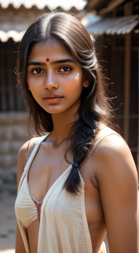 young Indian girl, 18-year-old,  gentle sun lighting on face , village mood , old cloths about to get ripped , village girl vibe, intricate facial details, full body picture, cinimatic pose flawless complexion, top-notch 3D rendering, hyper-realistic, shot...