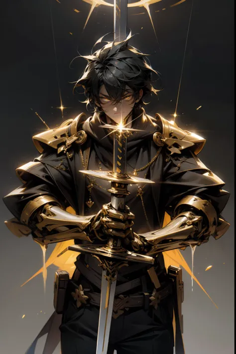 Holding a nice cool huge mechanical sword, Glowing in the heart, black, Gold, Mechanics,