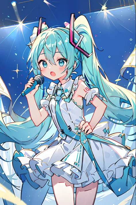 ​masterpiece、top-quality、ultra-detailliert、illustratio、extremely delicate and beautiful、((Hold the microphone and sing:1.2))
1girl in、独奏、浅笑、
miku hatsune、Twin-tailed、Live Stage、Particles of light、