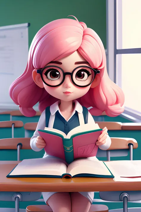 Estilo Chibi, cabelo rosa, Ternus ciano, Pescador, sorrir, Teacher girl reading a book while wearing glasses, master part, Estilo 3dm, Olhe para o Visualizador, (((fundo simples))), (((fundo de sala de aula)))