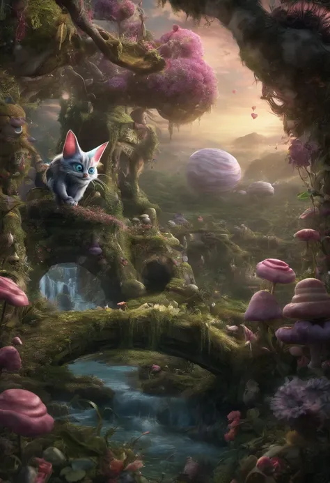 A 4K dreamscape of a fantastical landscape, featuring the Cheshire Cat from Alice in Wonderland, rendered with a magical, detailed style. Tim burton style